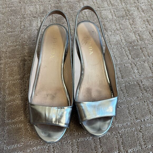 Prada Patent Leather Slingback Platform Wedge Sandal Womens 36.5 Silver Peeptoe - Picture 3 of 14
